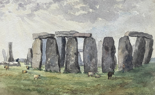 Mystical, Satircal 19th-Century Watercolor: Stonehenge Solstice, Black Sheep & Spiritual Rebellion