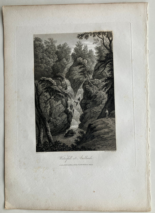 Joseph Farington (1747-1821) – antique engraving Waterfall at Ambleside 1816