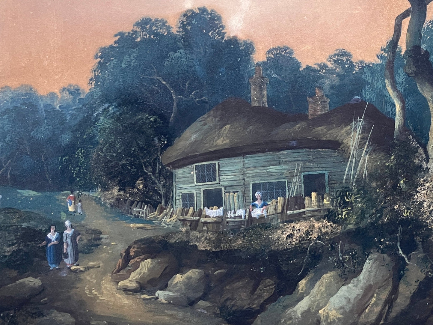 Watercolour Att. Edward Williams – Thatched Cottage in wooded landscape