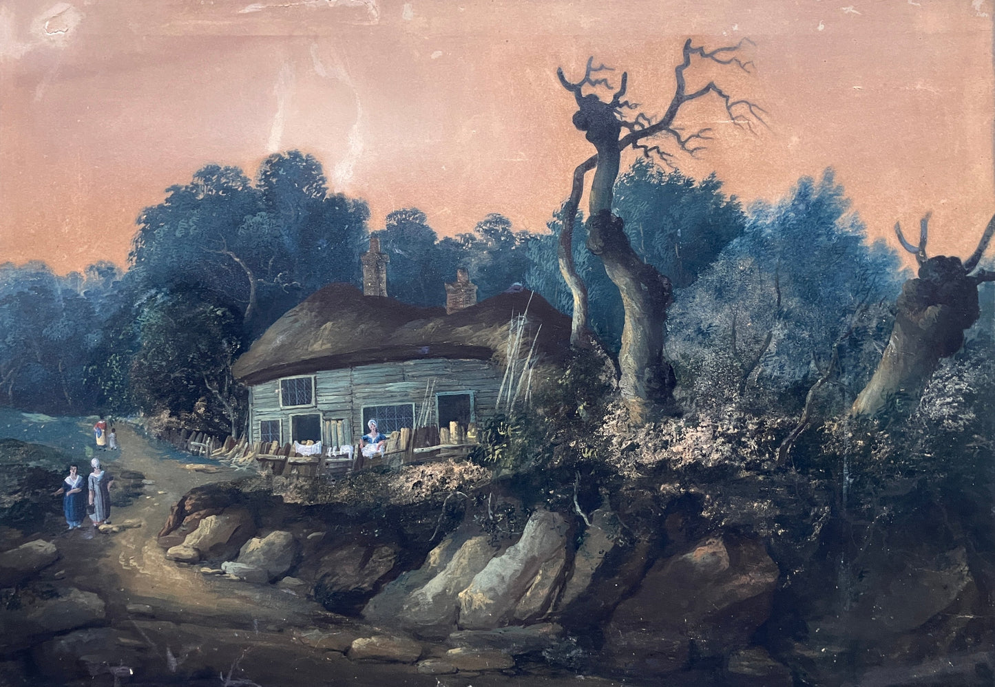 Watercolour Att. Edward Williams – Thatched Cottage in wooded landscape