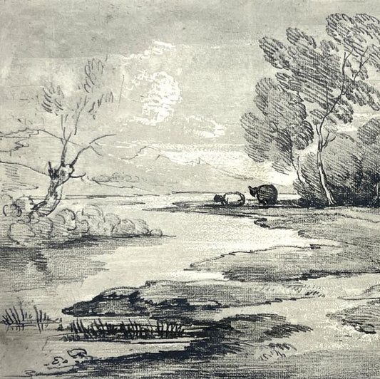 Rare "After" Thomas Gainsborough, soft ground etching – Wooded River Landscape with Shepherd and Sheep