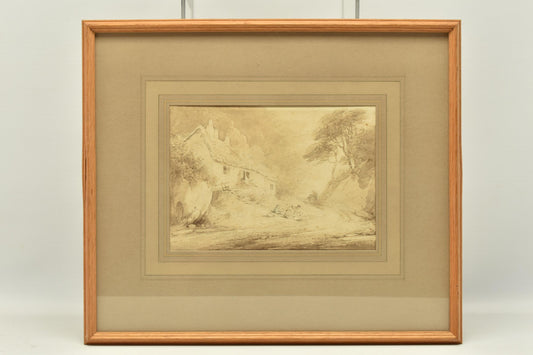 Circle of William Payne (1755-1834) – A Family Outside Cottage, ink wash on paper