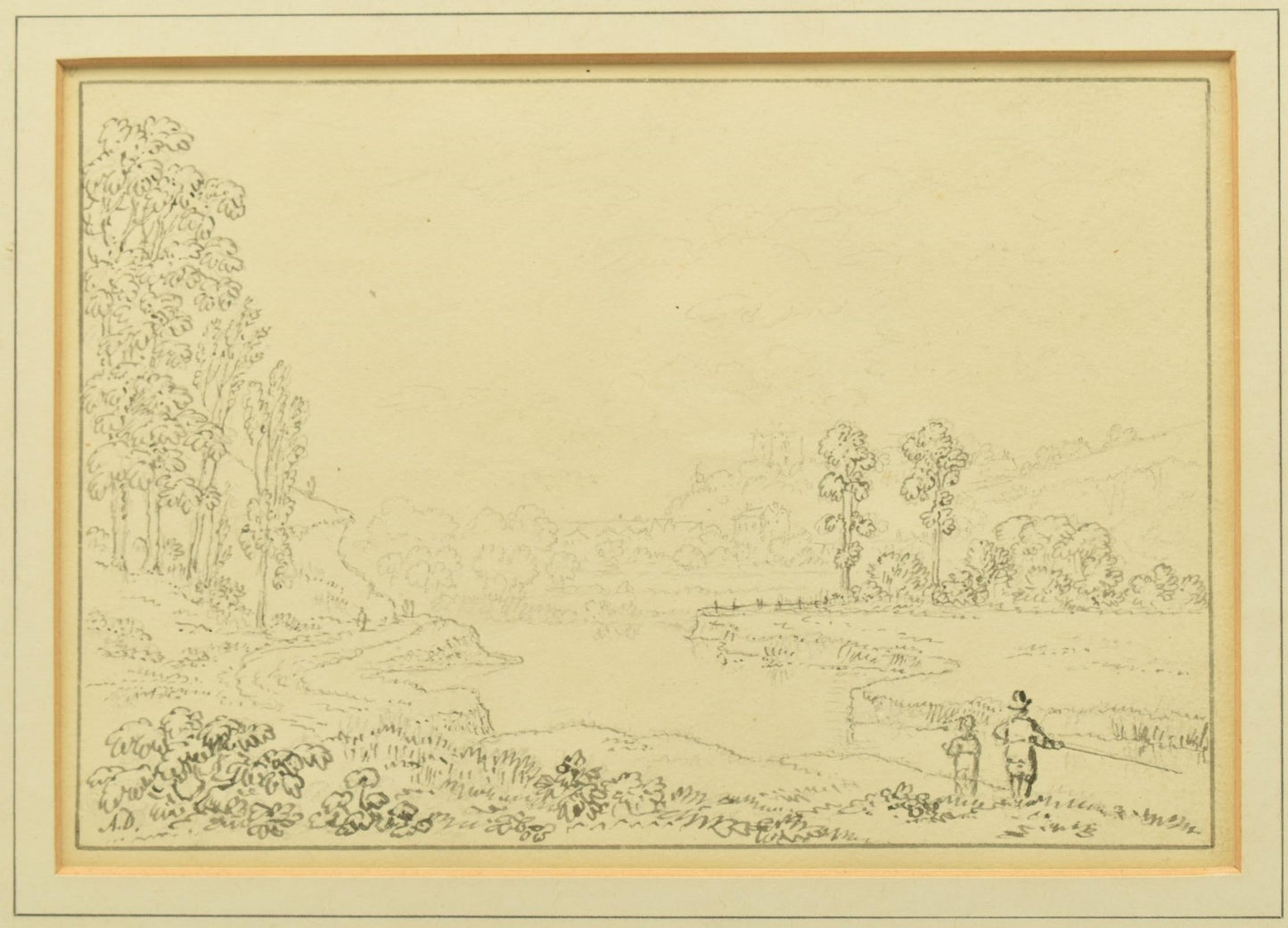 Anthony Thomas Devis (1729-1816) – pen and ink, Man River Fishing