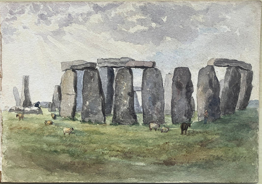 Mystical, Satircal 19th-Century Watercolor: Stonehenge Solstice, Black Sheep & Spiritual Rebellion
