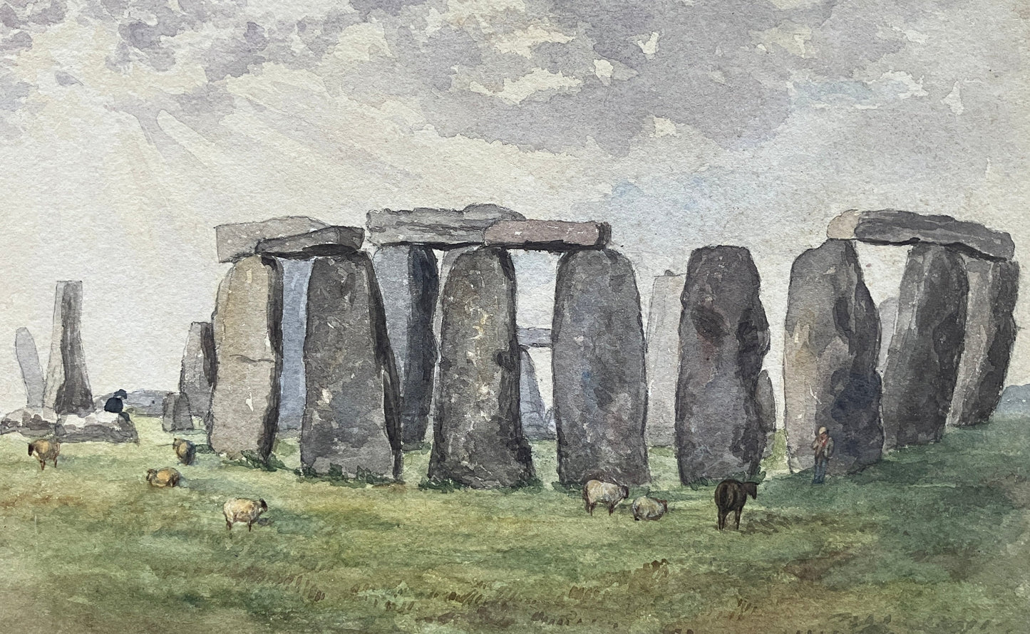 Mystical, Satircal 19th-Century Watercolor: Stonehenge Solstice, Black Sheep & Spiritual Rebellion