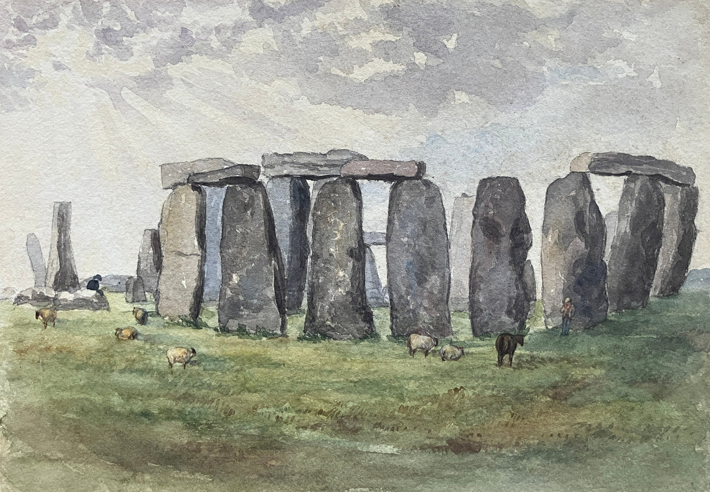 Mystical, Satircal 19th-Century Watercolor: Stonehenge Solstice, Black Sheep & Spiritual Rebellion