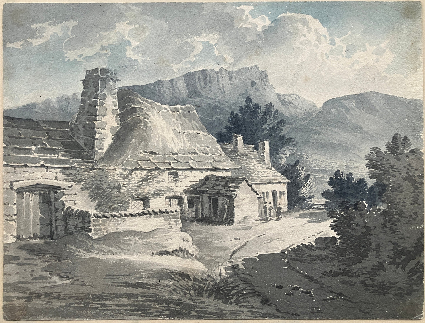 Att. James Bourne, Wensleydale Cottage and Ridges, Yorkshire Dales, Pennines –  c.1800 watercolour