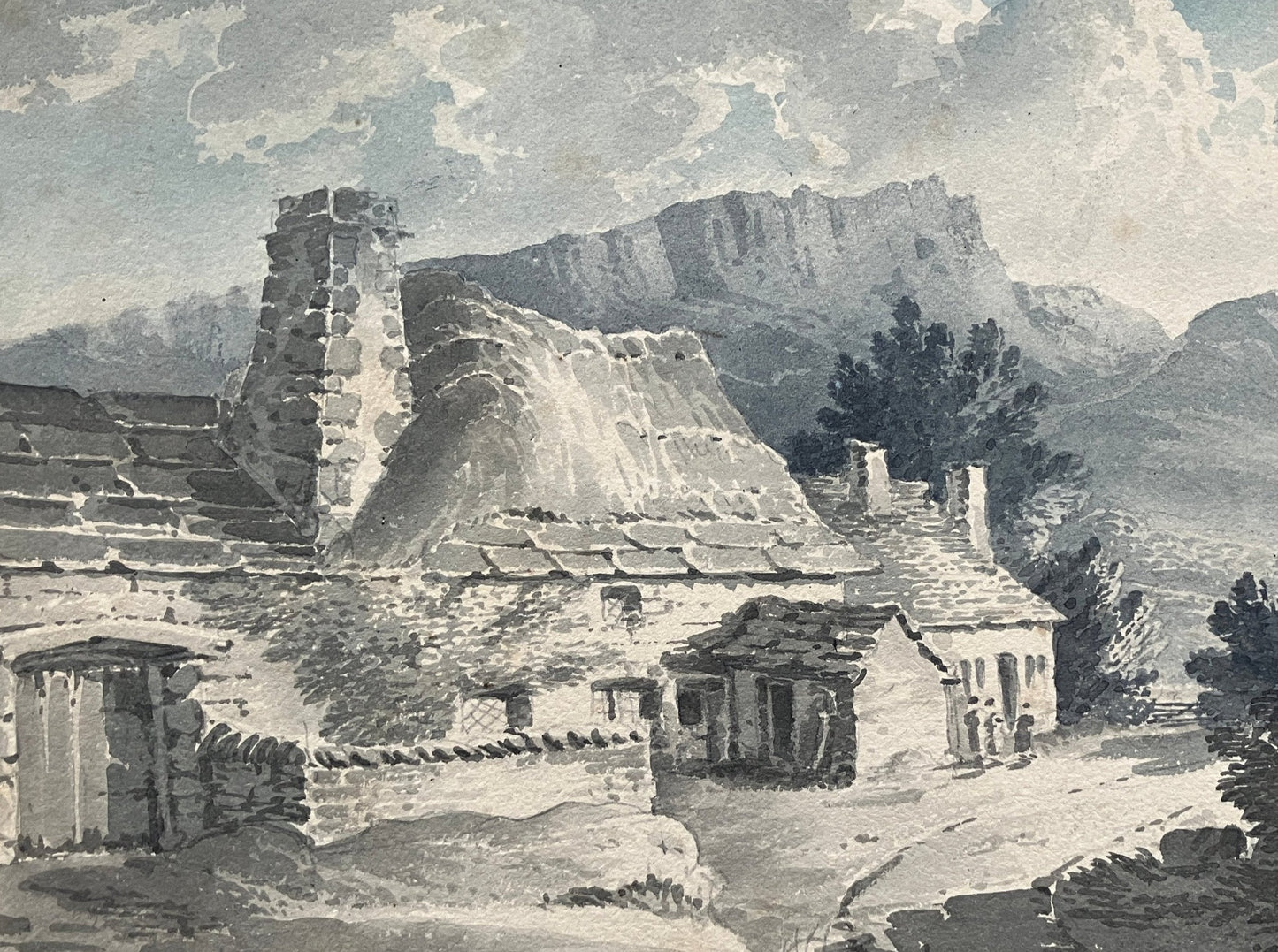 Att. James Bourne, Wensleydale Cottage and Ridges, Yorkshire Dales, Pennines –  c.1800 watercolour