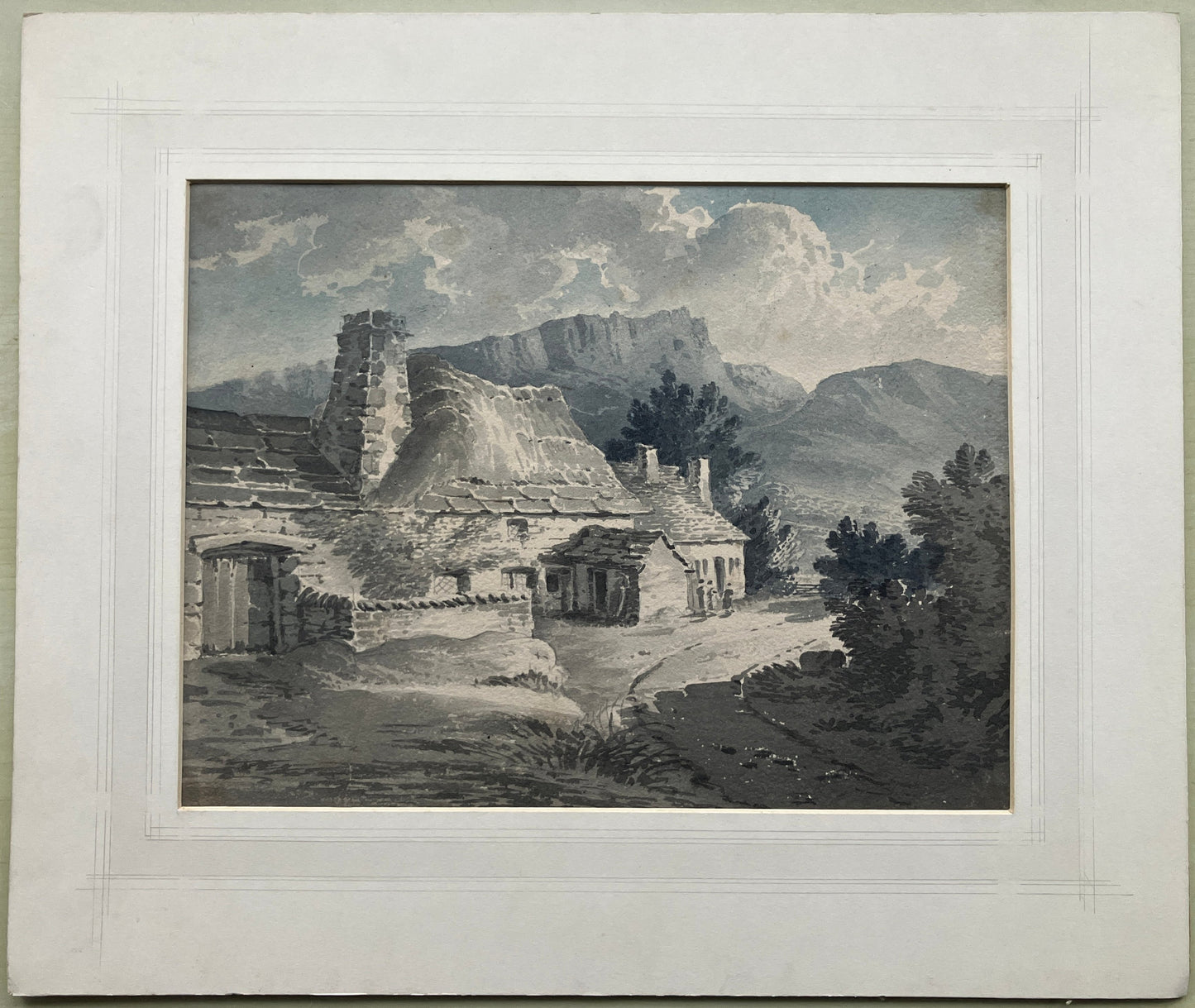 Att. James Bourne, Wensleydale Cottage and Ridges, Yorkshire Dales, Pennines –  c.1800 watercolour