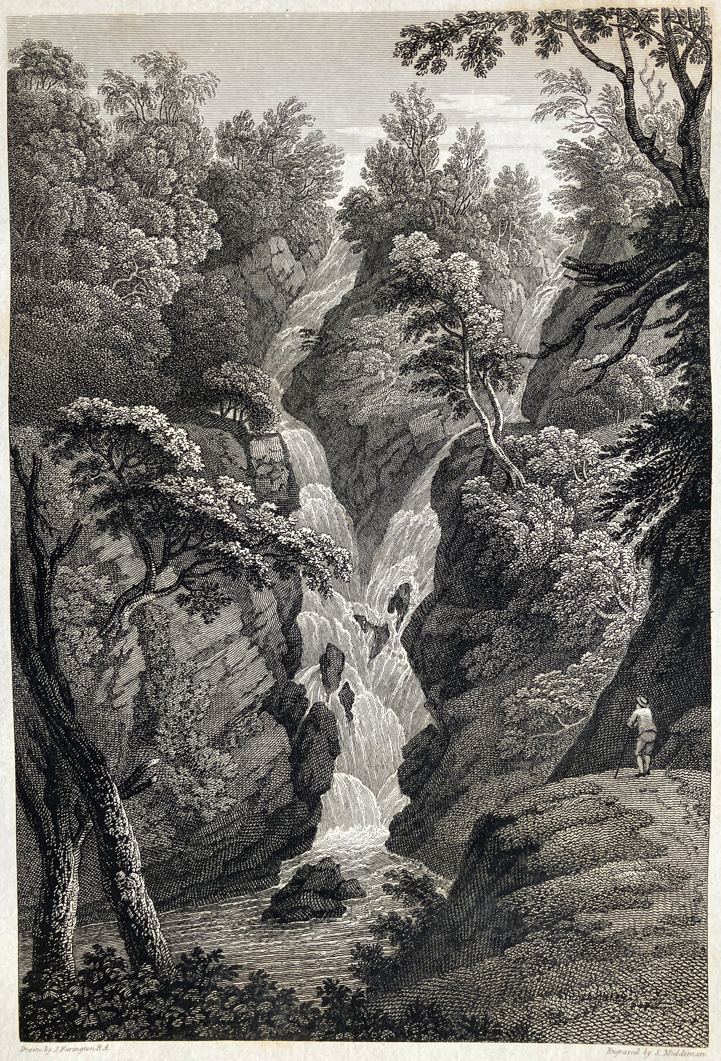 Joseph Farington (1747-1821) – antique engraving Waterfall at Ambleside 1816