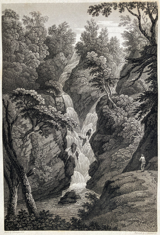Joseph Farington (1747-1821) – antique engraving Waterfall at Ambleside 1816