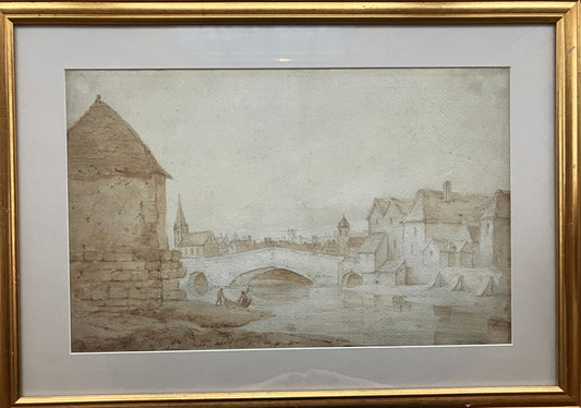 Continental Town on Tidal River, circa 1800, wash and sketch – bearing signature Thomas Girtin