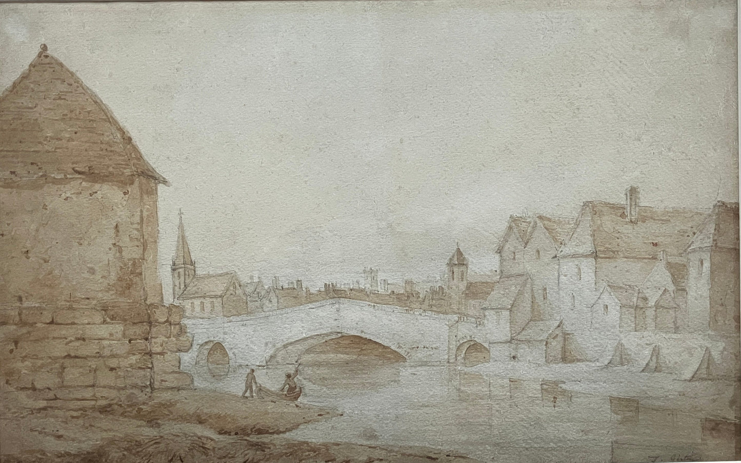 Continental Town on Tidal River, circa 1800, wash and sketch – bearing signature Thomas Girtin