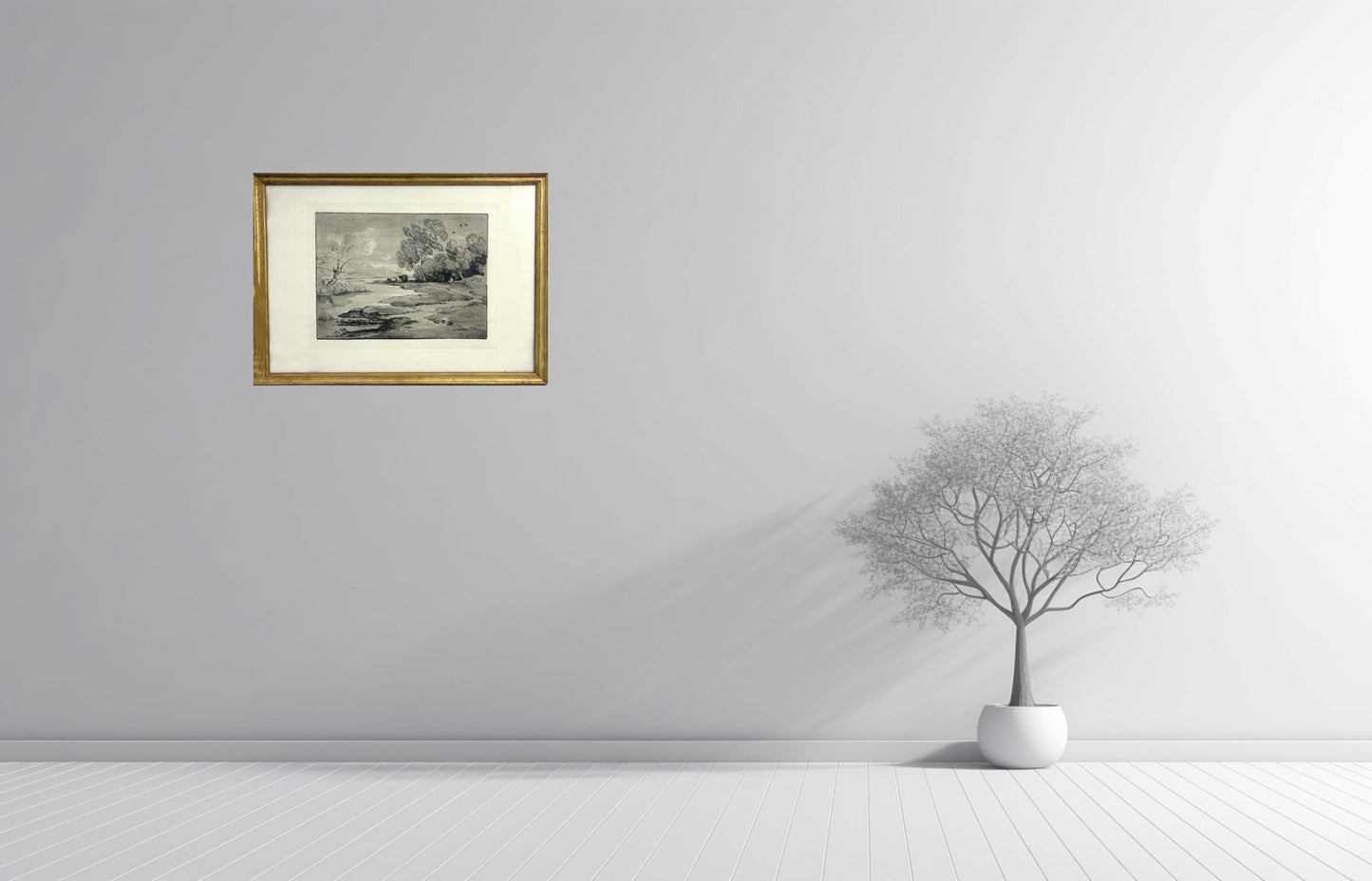 Rare "After" Thomas Gainsborough, soft ground etching – Wooded River Landscape with Shepherd and Sheep